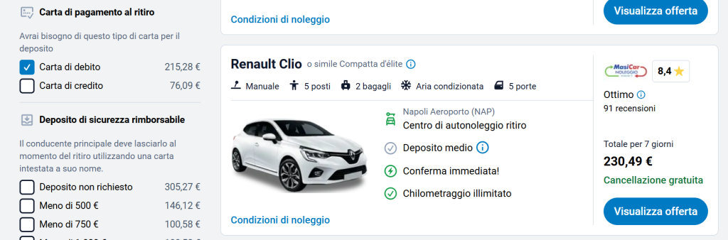 Noleggio auto torre del greco senza carta di credito