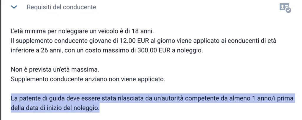 Noleggio auto 18 anni