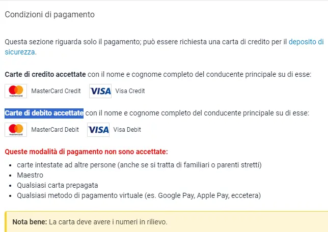 noleggio auto cagliari aeroporto senza carta di credito