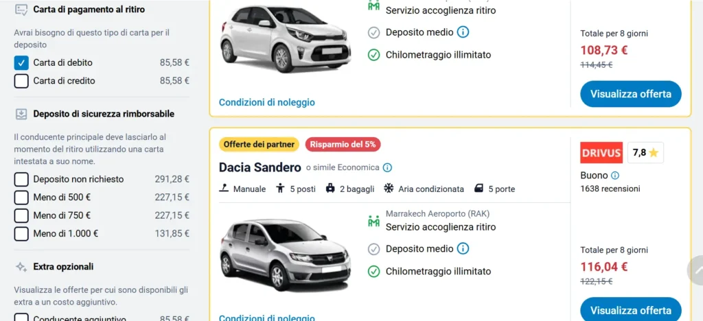 noleggio auto marrakech senza carta di credito