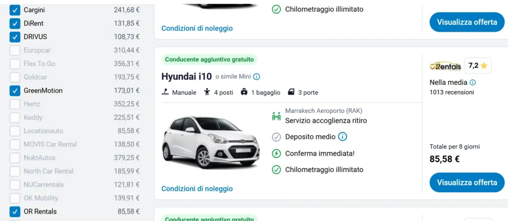 noleggio auto marrakech aeroporto senza carta di credito