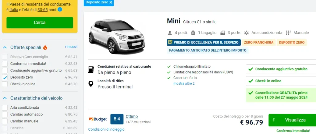 Noleggio auto deposito zero