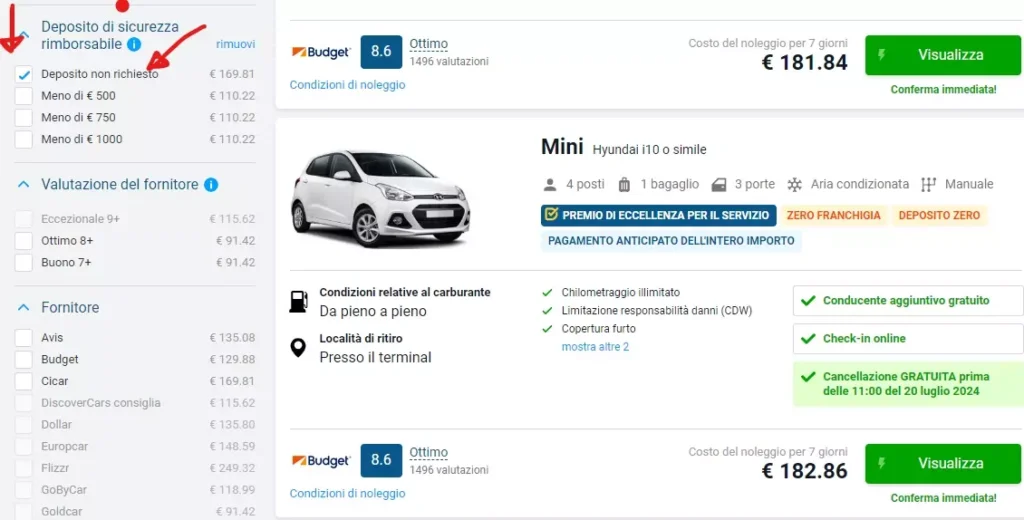 noleggio auto deposito zero