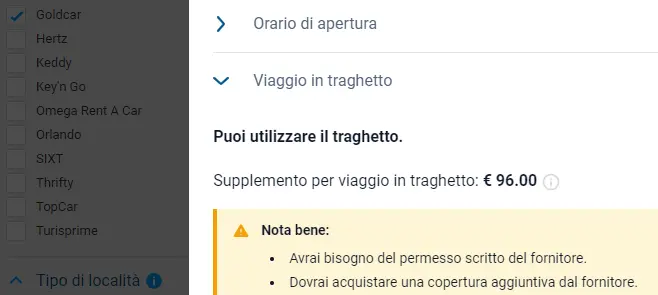 Auto a noleggio in traghetto
