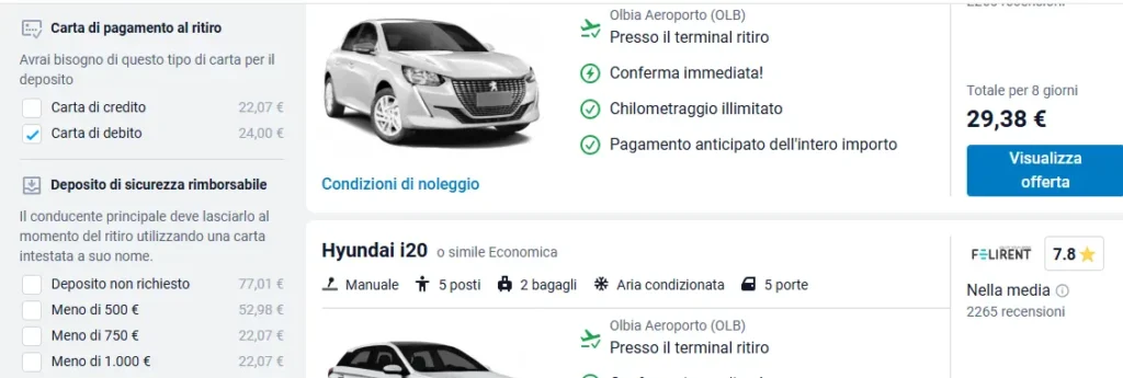 Noleggio auto senza carta di credito
