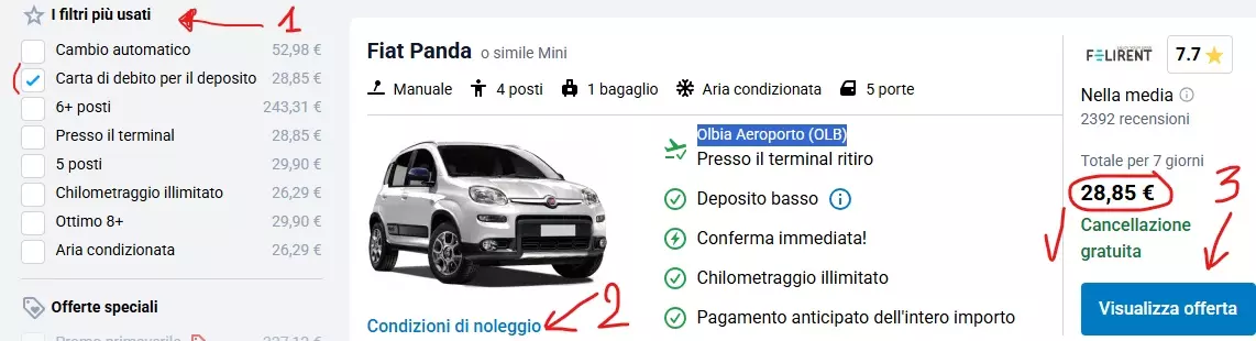 noleggio auto olbia con bancomat