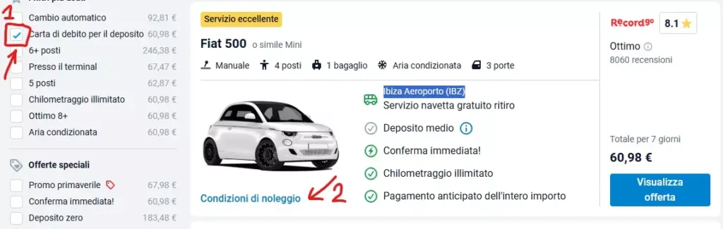 noleggio auto Ibiza carta di debito