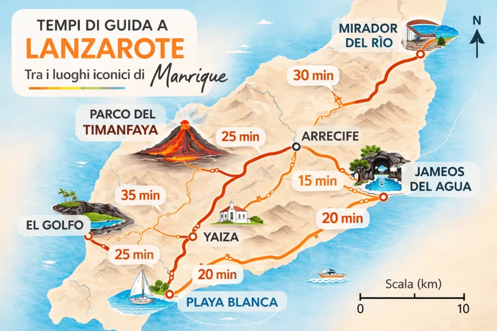 Mappa stradale di Lanzarote con i tempi di percorrenza in auto tra le principali attrazioni come Timanfaya, Jameos del Agua e Playa Blanca.